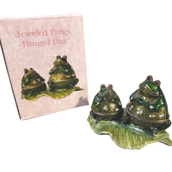 Vintage New Frog Trinket Box Metal Jeweled Mom Baby Set CBOCS - Picture 1 of 9
